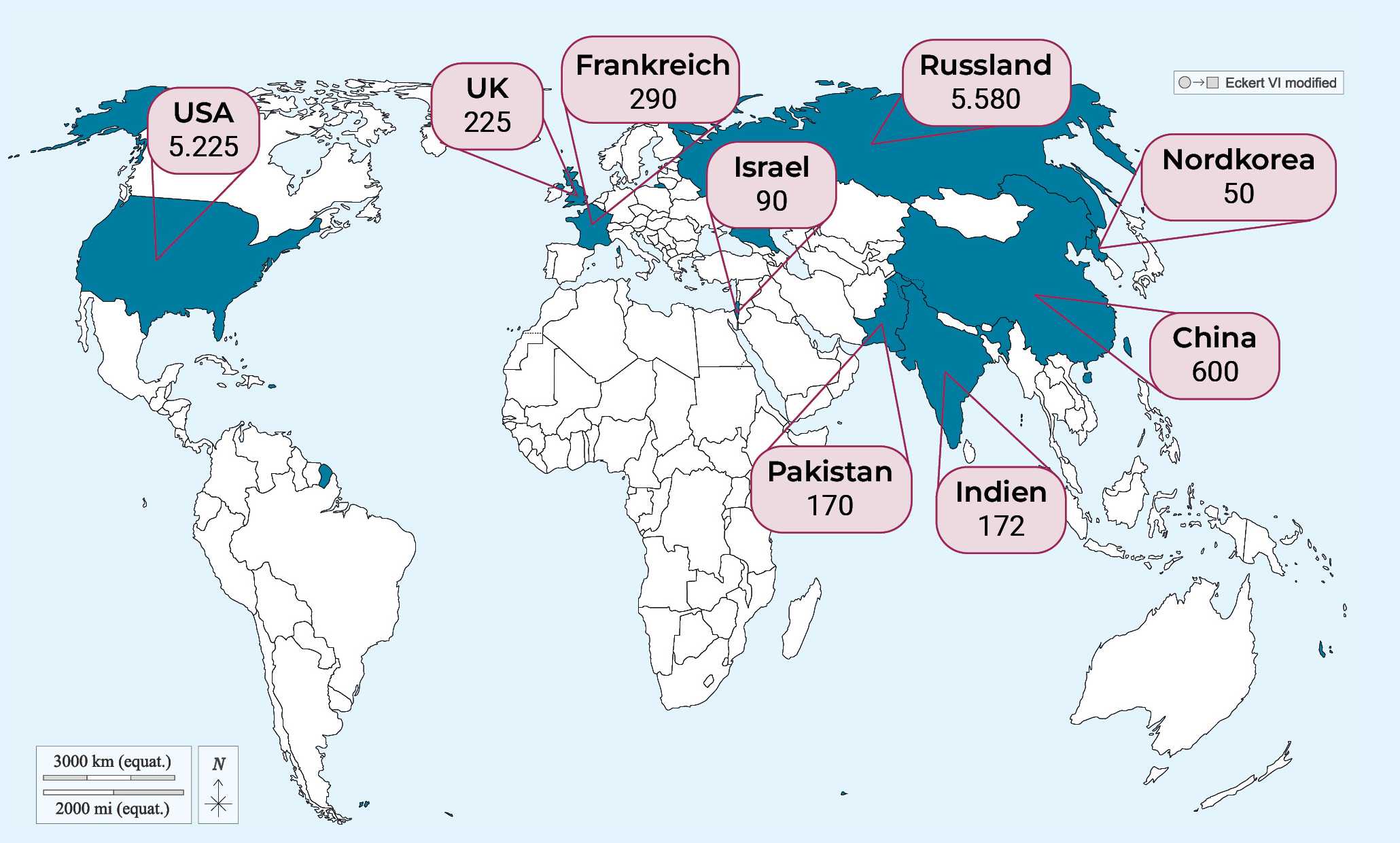 Weltkarte, in der einige Länder blau eingefäbrt sind und dazu jeweils Zahlen genannt sind. Die Länder sind: USA, 5225; UK, 225; Frankreich, 290; Israel, 90; Russland, 5580; Nordkorea, 50; China, 600; Indien, 172; Pakistan, 170.