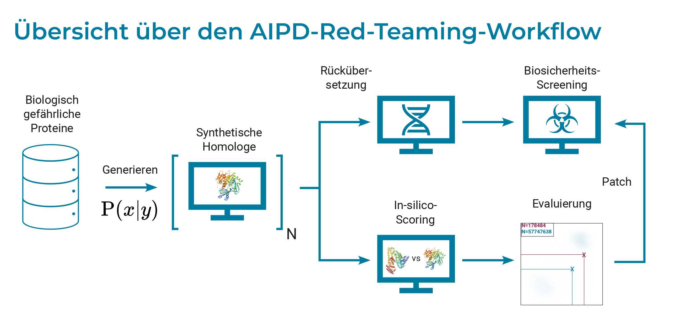 Darstellung mit der Überschrift „Übersicht über den AIPD-Red-Teaming-Workflow“. Ganz links sieht man das Icon eines Fasses mit dem Text „Biologisch gefährliche Proteine“. Davon geht ein Pfeil nach rechts mit der Beschriftung „Generieren“ aus, unterhalb des Pfeils steht P (x|y). Der Pfeil zeigt auf ein Icon eines Computers, auf dem eine Proteinstruktur abgebildet ist, darüber steht „Synthetische Homologe“. Davon ausgehend geht ein geteilter Pfeil nach rechts. Der obere Pfad zeigt auf ein Icon eines Computers, der eine DNA-Helix zeigt mit dem Text „Rückübersetzung“, ein weiterer Pfeil führt nach rechts auf das Icon eines Computers, der das Symbol für Biosicherheit zeigt und den Text „Biosicherheitsscreening. Der untere Pfad führt auf das Icon eines Computers, der zwei Proteinstrukturen und dazwischen „vs.“ zeigt mit dem Text „In-silico-Scoring“. Davon ausgehend führt ein Pfeil auf eine Matrix mit einer Punkteverteilung und dem Text „Evaluierung“. Von dort geht ein eckiger Pfeil mit der Beschriftung „Patch“ nach oben zum Computer mit der Beschriftung „Biosicherheits-Screening“.